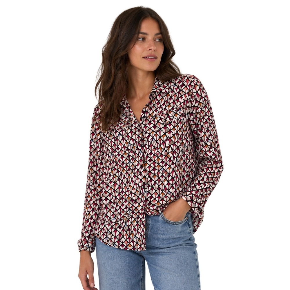 NIC+ZOE Womens Geometric Mosaic Print Button Down Shirt Pink Burgundy Size M